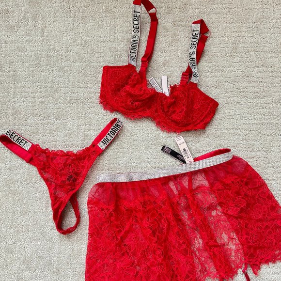 Victoria's Secret Shine Rhinestone Strap Lace Lingerie Set